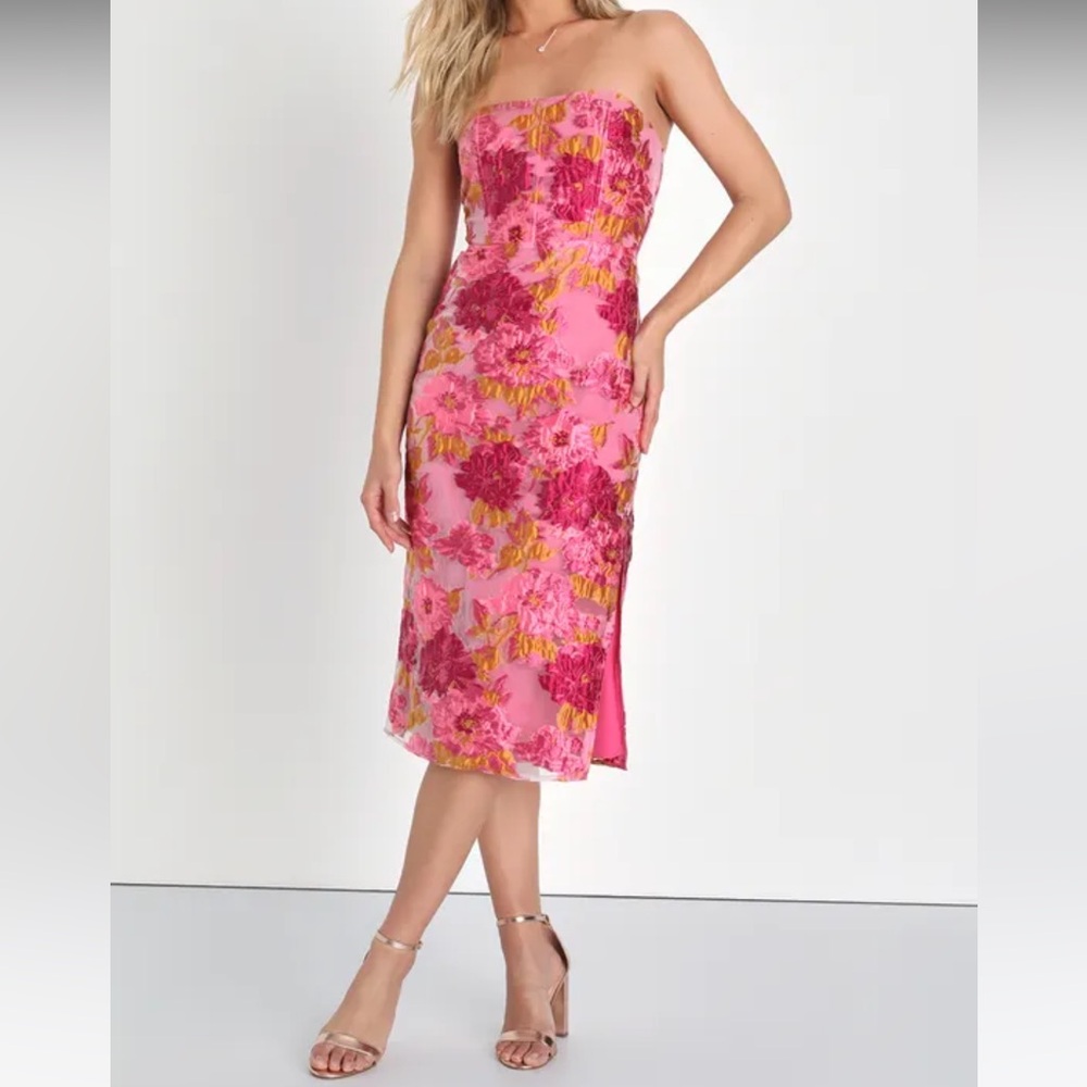 Pink Jacquard Strapless Bustier Midi Dress